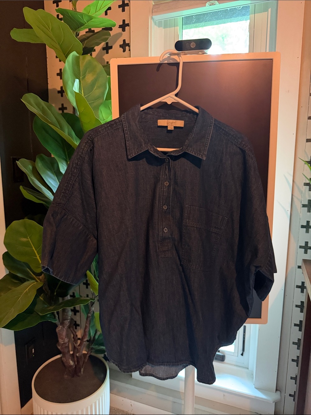 LOFT Dark Denim Short-Sleeve Button Polo Shirt